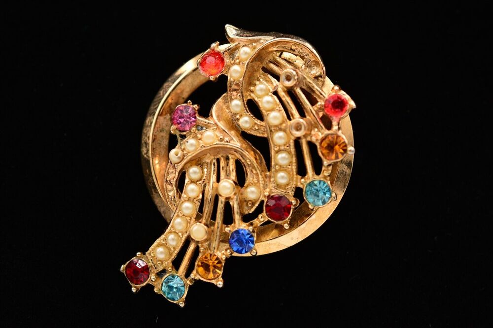 Vintage Flower Pin Brooch Gold Tone Metal Pearl Rhinestone Multi-Color 80s BinAL